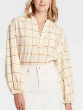 A New Day Windowpane Puff Sleeve Blouse Cream Orange Plaid L